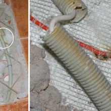 The gooseneck with the floor probe must not be in contact with the heating cables. In this case, it is crossing them, and the reinforcement of the concrete is also pressing the gooseneck against the heating cable. The left part of the photo shows a general view of the exposed area with the defect, and the right part shows in detail how the heating cable was interrupted due to overheating. Deformation of the plastic by thermal stress (melting) can be seen at the edges of the broken gooseneck.